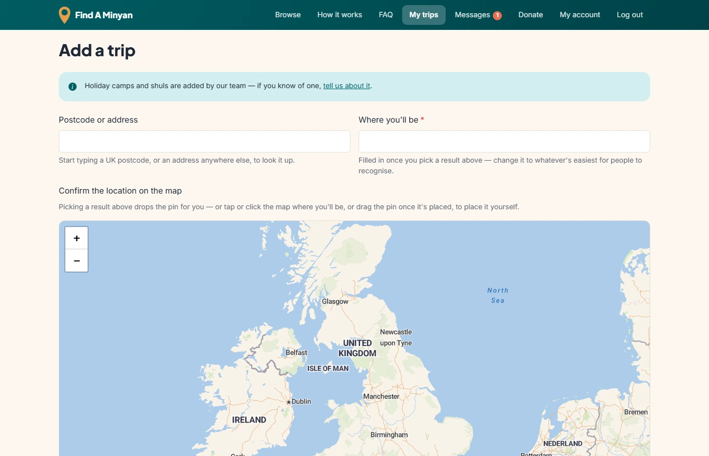 The add-trip form: a postcode lookup with the pin it found shown on a small map, from and to dates in English and Hebrew, and a box for the number of men over bar mitzvah.