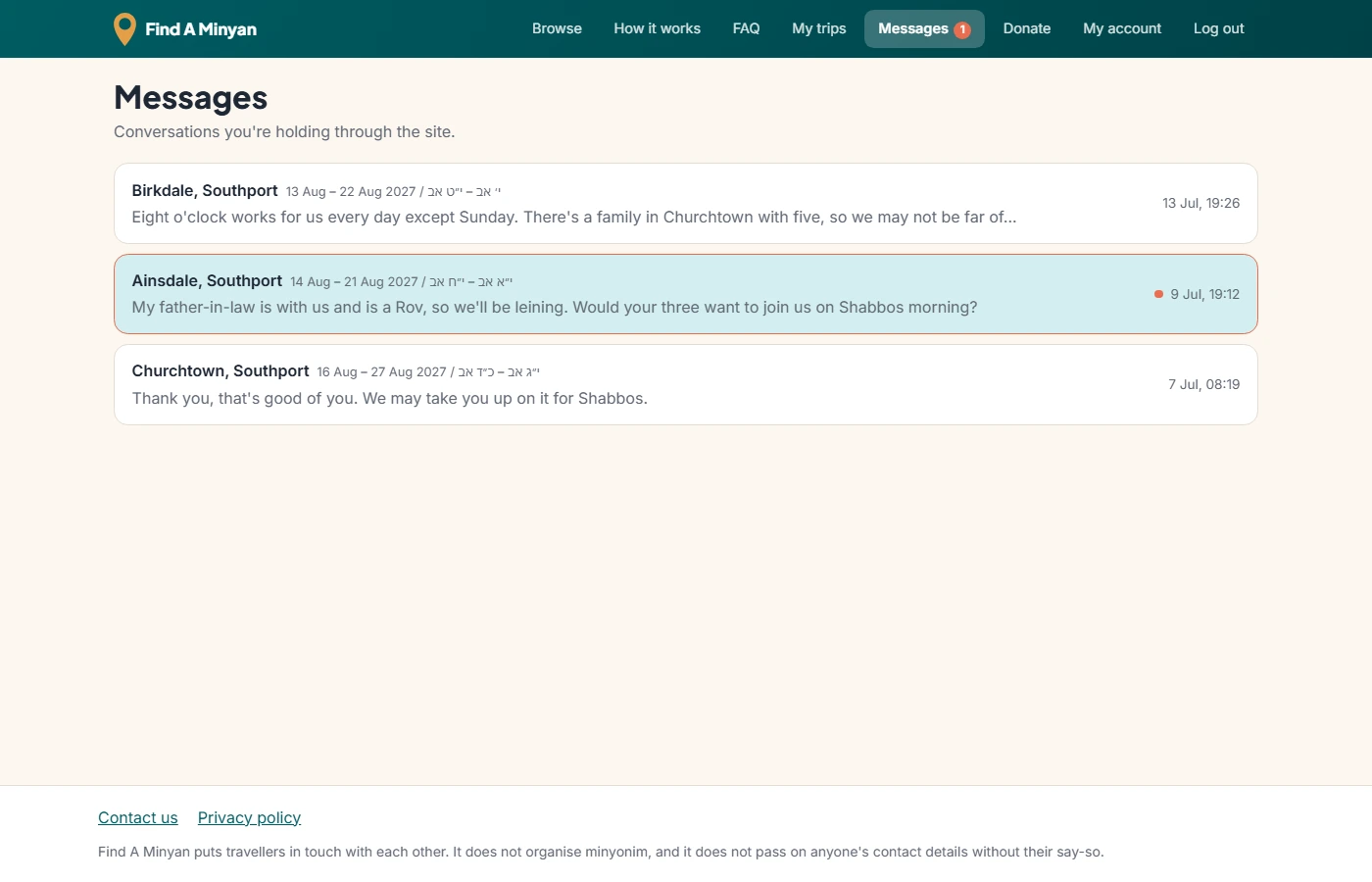 The Messages page: a list of conversations, each showing the other party's location, the last message and when it arrived, with unread ones marked.