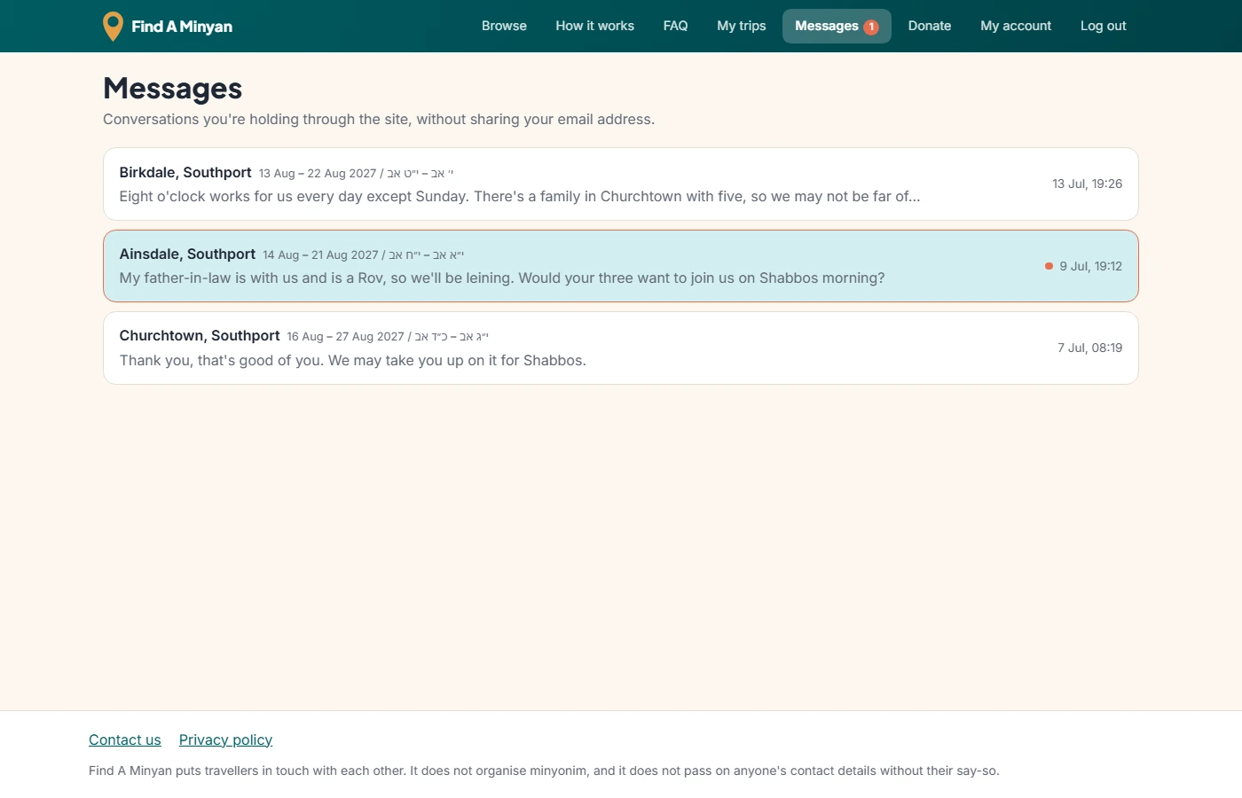 The Messages page: a list of conversations, each showing the other party's location, the last message and when it arrived, with unread ones marked.